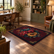 dark burgundy rose bouquet vintage floral area rug, soft surface detail