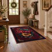 dark burgundy rose bouquet vintage floral area rug, wood floor styling