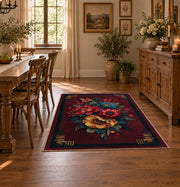 dark burgundy rose bouquet vintage floral area rug, close decorative detail