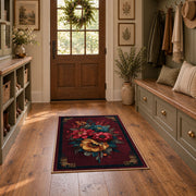 dark burgundy rose bouquet vintage floral area rug, front room mockup