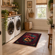 dark burgundy rose bouquet vintage floral area rug, wide interior view