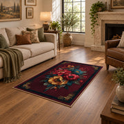 dark burgundy rose bouquet vintage floral area rug, design detail view