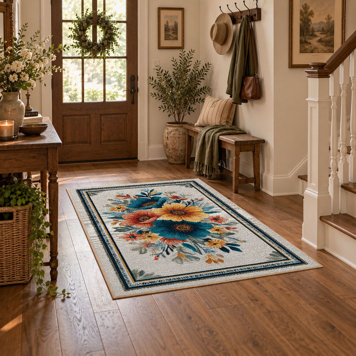 white blue orange watercolor floral border area rug, featured room view