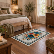 white blue orange watercolor floral border area rug, cozy home setting