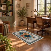 white blue orange watercolor floral border area rug, complete product view