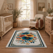 white blue orange watercolor floral border area rug, full pattern view