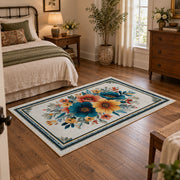 white blue orange watercolor floral border area rug, soft surface detail