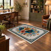 white blue orange watercolor floral border area rug, wood floor styling