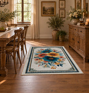 white blue orange watercolor floral border area rug, close decorative detail