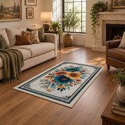 white blue orange watercolor floral border area rug, design detail view