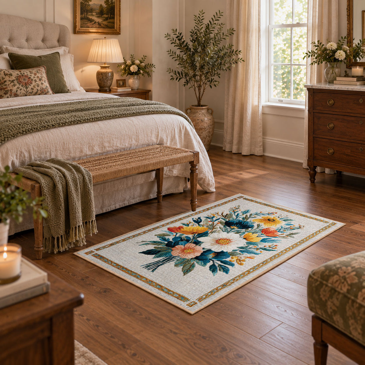 cream white daisy floral bouquet botanical area rug, featured room view