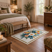 cream white daisy floral bouquet botanical area rug, featured room view