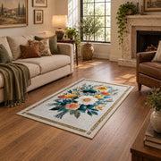 cream white daisy floral bouquet botanical area rug, cozy home setting