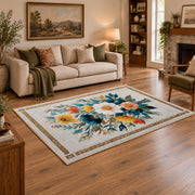 cream white daisy floral bouquet botanical area rug, angled room view