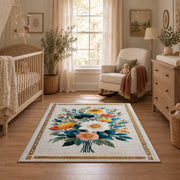 cream white daisy floral bouquet botanical area rug, full pattern view