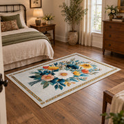 cream white daisy floral bouquet botanical area rug, soft surface detail