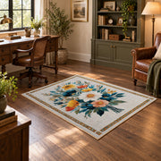 cream white daisy floral bouquet botanical area rug, wood floor styling