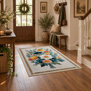 cream white daisy floral bouquet botanical area rug, close decorative detail