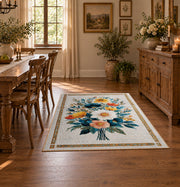 cream white daisy floral bouquet botanical area rug, front room mockup