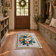 cream white daisy floral bouquet botanical area rug, wide interior view
