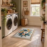 cream white daisy floral bouquet botanical area rug, design detail view