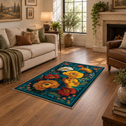 teal orange blue folk floral traditional area rug, cozy home setting