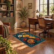 teal orange blue folk floral traditional area rug, complete product view