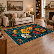 teal orange blue folk floral traditional area rug, angled room view