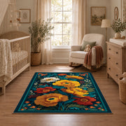 teal orange blue folk floral traditional area rug, full pattern view