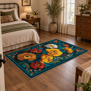 teal orange blue folk floral traditional area rug, soft surface detail