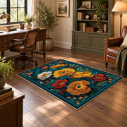 teal orange blue folk floral traditional area rug, wood floor styling