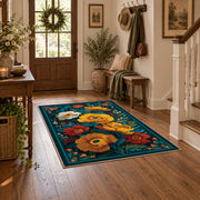 teal orange blue folk floral traditional area rug, close decorative detail
