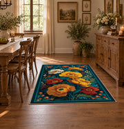 teal orange blue folk floral traditional area rug, front room mockup