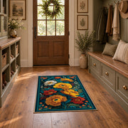 teal orange blue folk floral traditional area rug, wide interior view