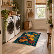 teal orange blue folk floral traditional area rug, design detail view
