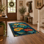 dark teal golden poppy garden vintage floral area rug, featured room view