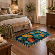 dark teal golden poppy garden vintage floral area rug, cozy home setting