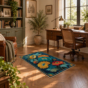 dark teal golden poppy garden vintage floral area rug, complete product view
