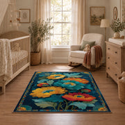 dark teal golden poppy garden vintage floral area rug, full pattern view