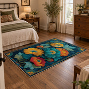 dark teal golden poppy garden vintage floral area rug, soft surface detail