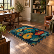 dark teal golden poppy garden vintage floral area rug, wood floor styling
