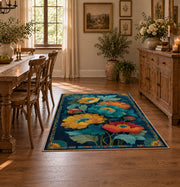 dark teal golden poppy garden vintage floral area rug, close decorative detail