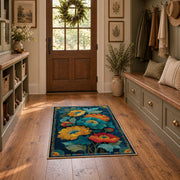 dark teal golden poppy garden vintage floral area rug, front room mockup
