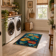 dark teal golden poppy garden vintage floral area rug, wide interior view