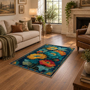 dark teal golden poppy garden vintage floral area rug, design detail view