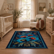 navy blue red folk floral traditional area rug, full pattern view