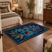 navy blue red folk floral traditional area rug, soft surface detail