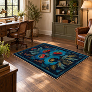 navy blue red folk floral traditional area rug, wood floor styling