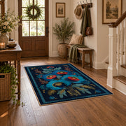 navy blue red folk floral traditional area rug, close decorative detail