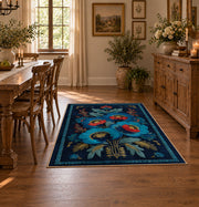 navy blue red folk floral traditional area rug, front room mockup